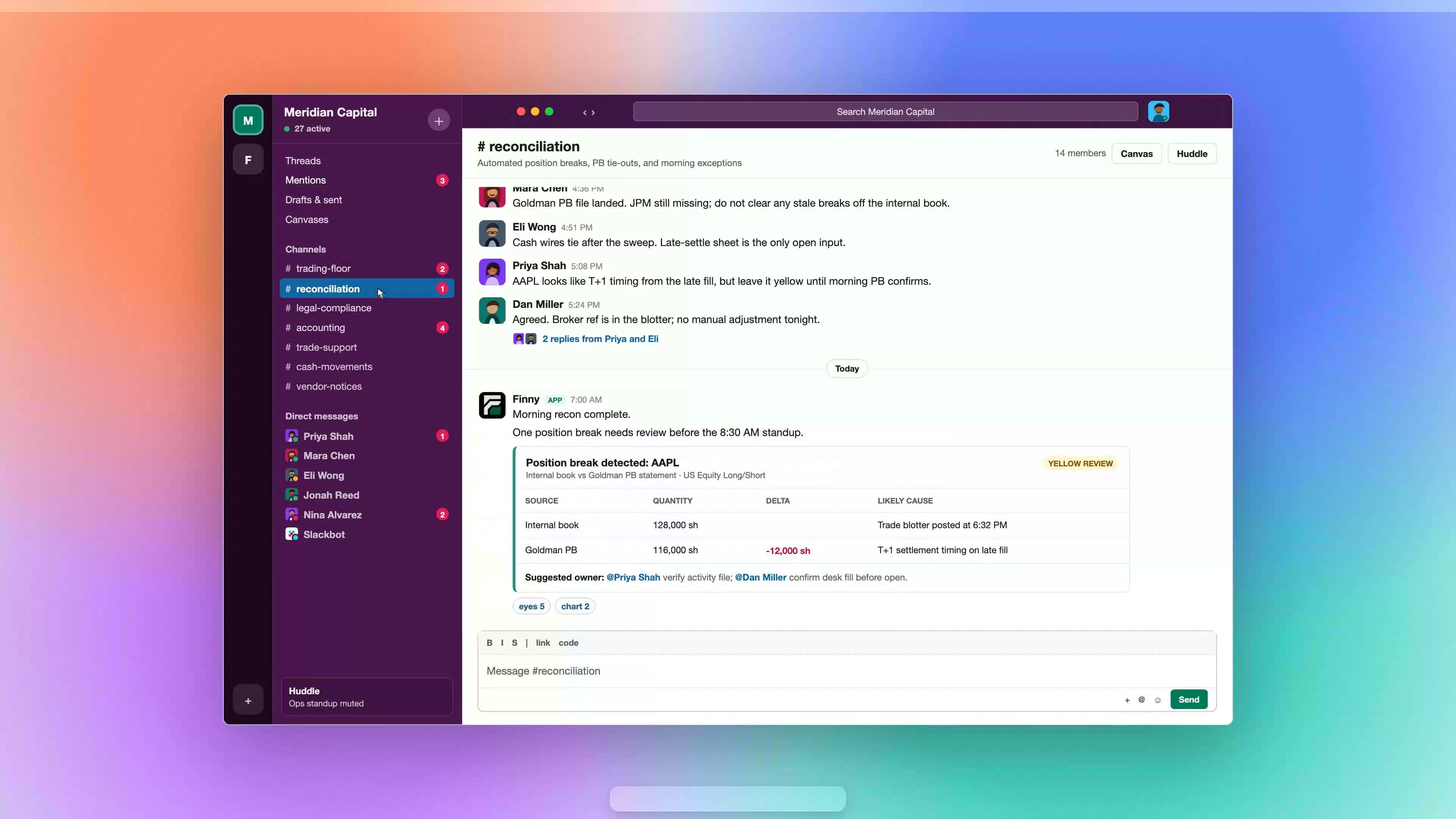 Finny Ops Agent demo in Slack, triaging hedge fund operations chatter
