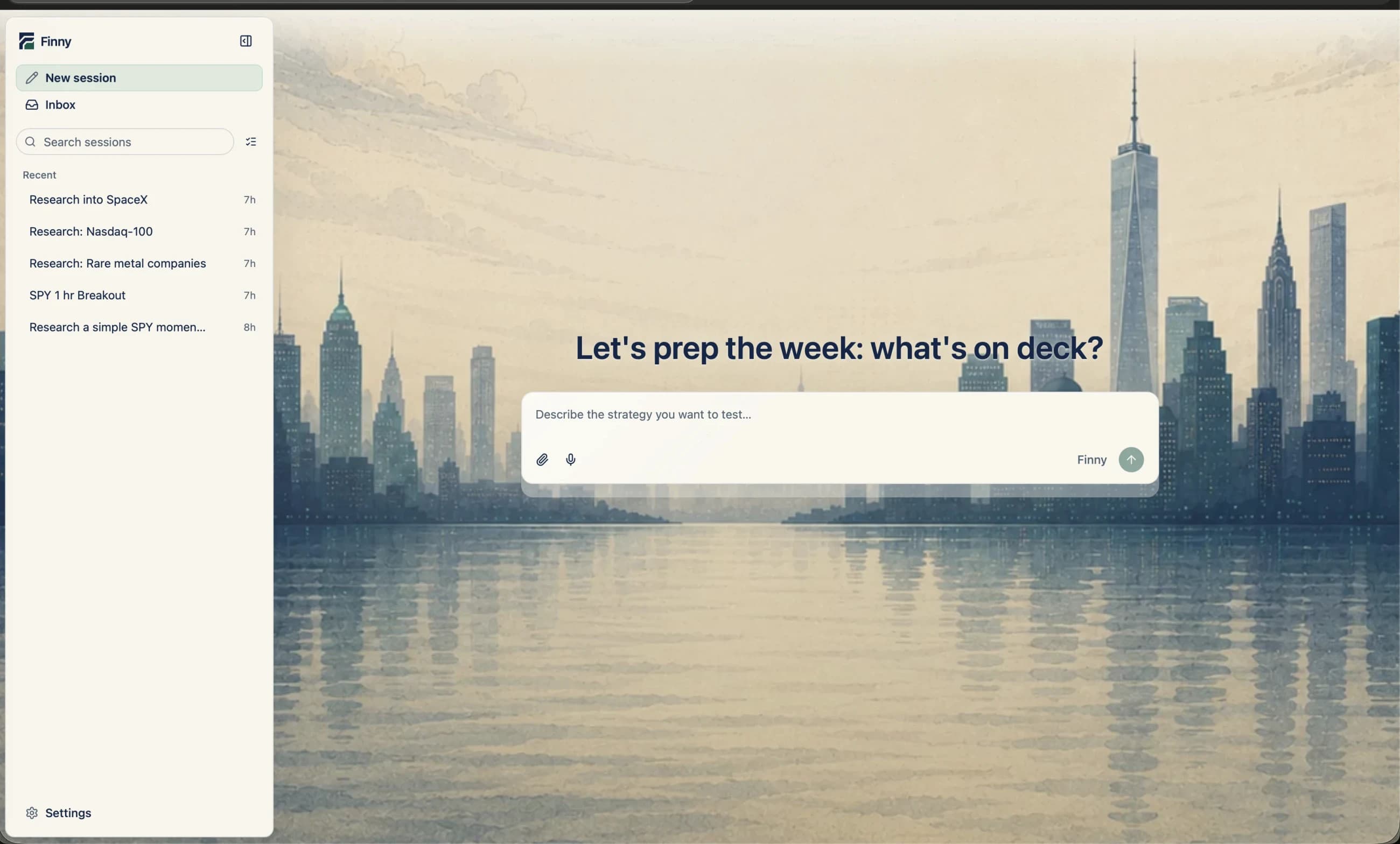 Finny desktop app — strategy chat over the New York skyline